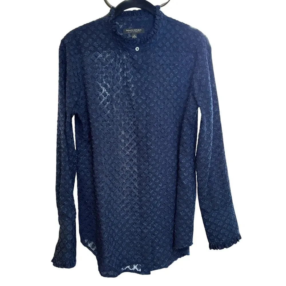 Banana Republic Women Dillion Classic Fit Blouse Sz S Navy Ruffles Work Feminine - Picture 1 of 7